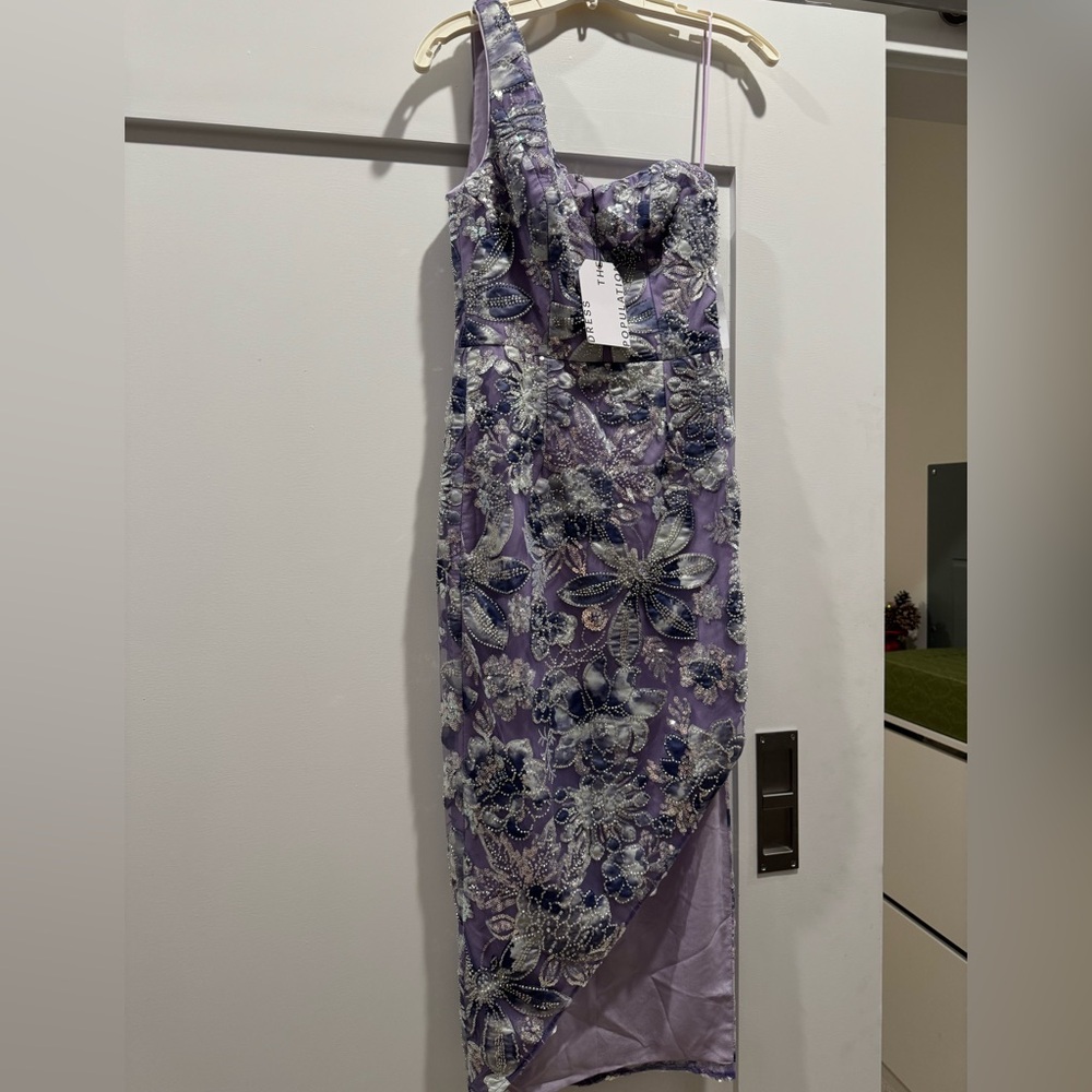 New nwt Dress The Population Elegant Purple Floral One-Shoulder Dress